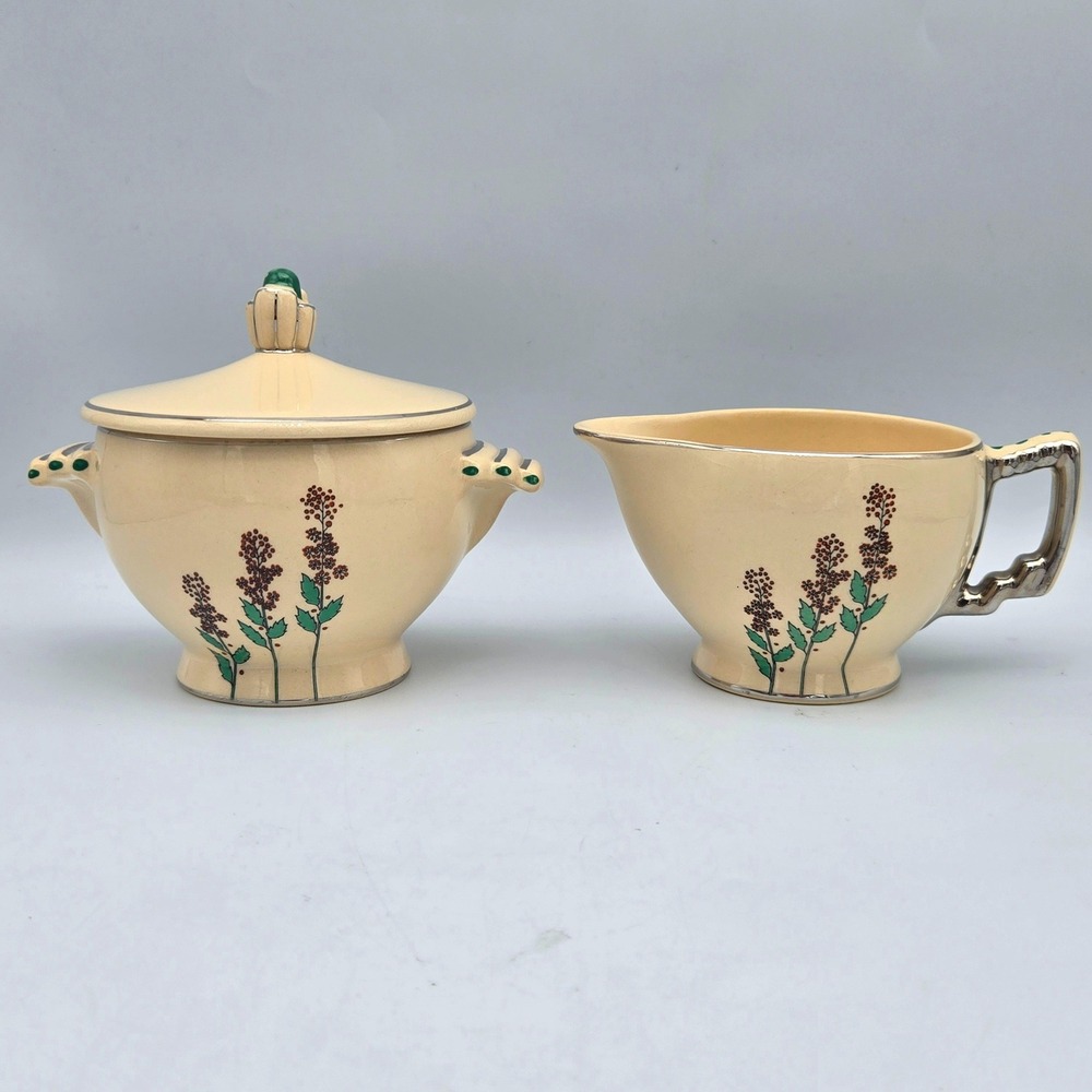 Vintage Leigh Ware Wildflower Creamer and Sugar Bowl Set Silver Gilding Art Deco